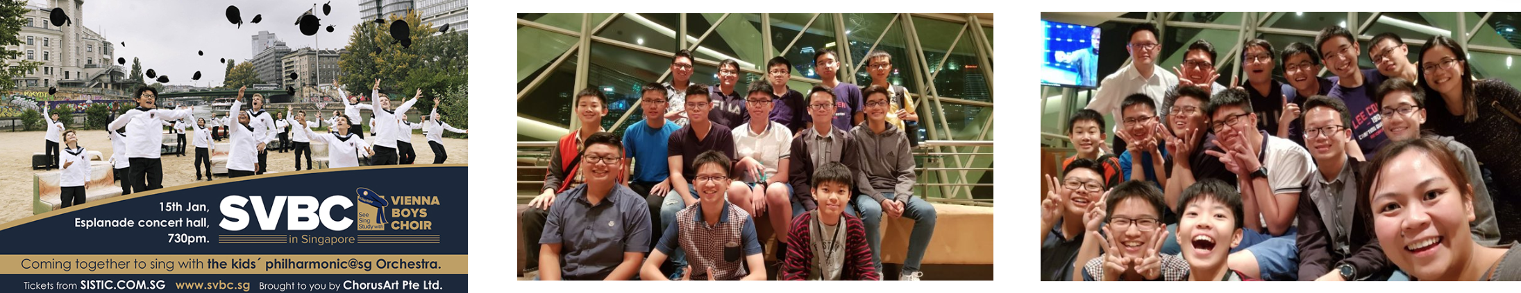Three photos: SVBC Vienna Boys Choir Singapore concert poster, boys seated in rows, and a smiling group selfie.